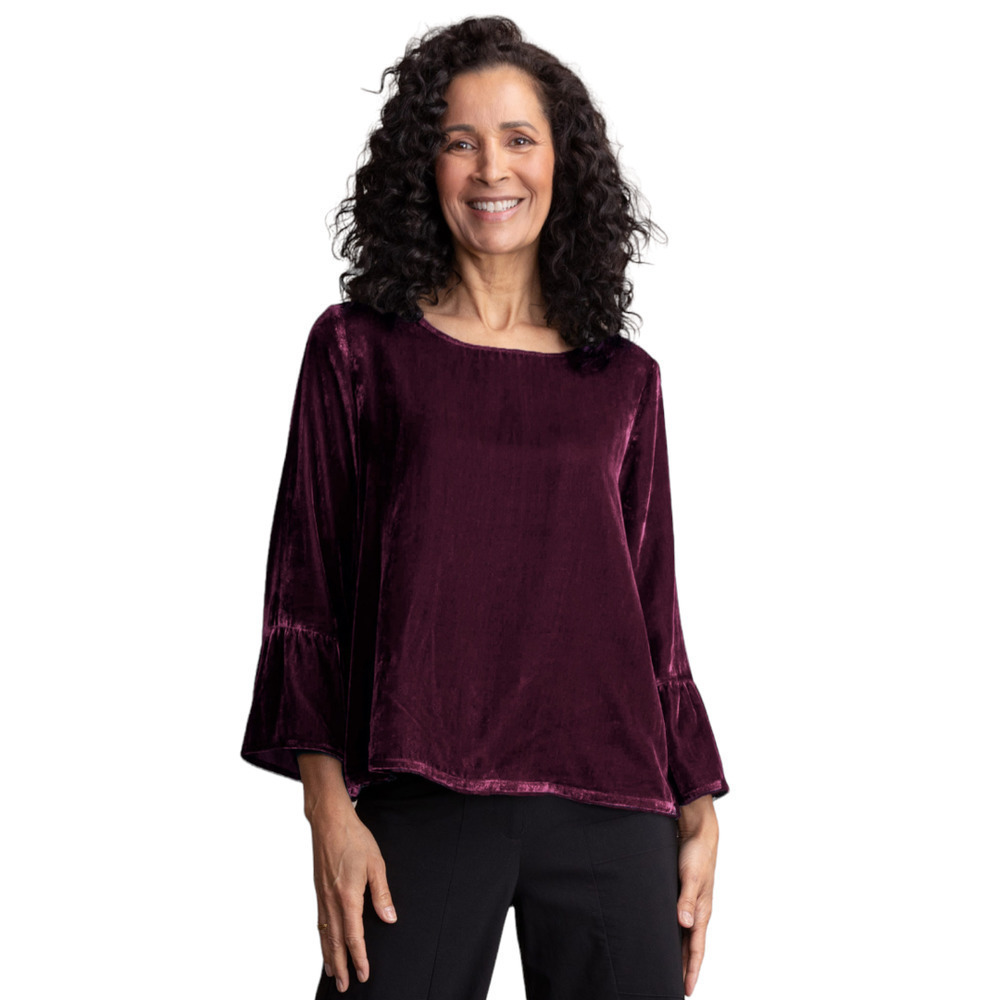 Habitat Clothes To Live In Merlot Velvet Flounce Sleeve Top Women's Size XS